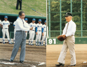 青山定期戦で始球式に臨む大木金次郎青山学院長と情野鉄雄東北学院長